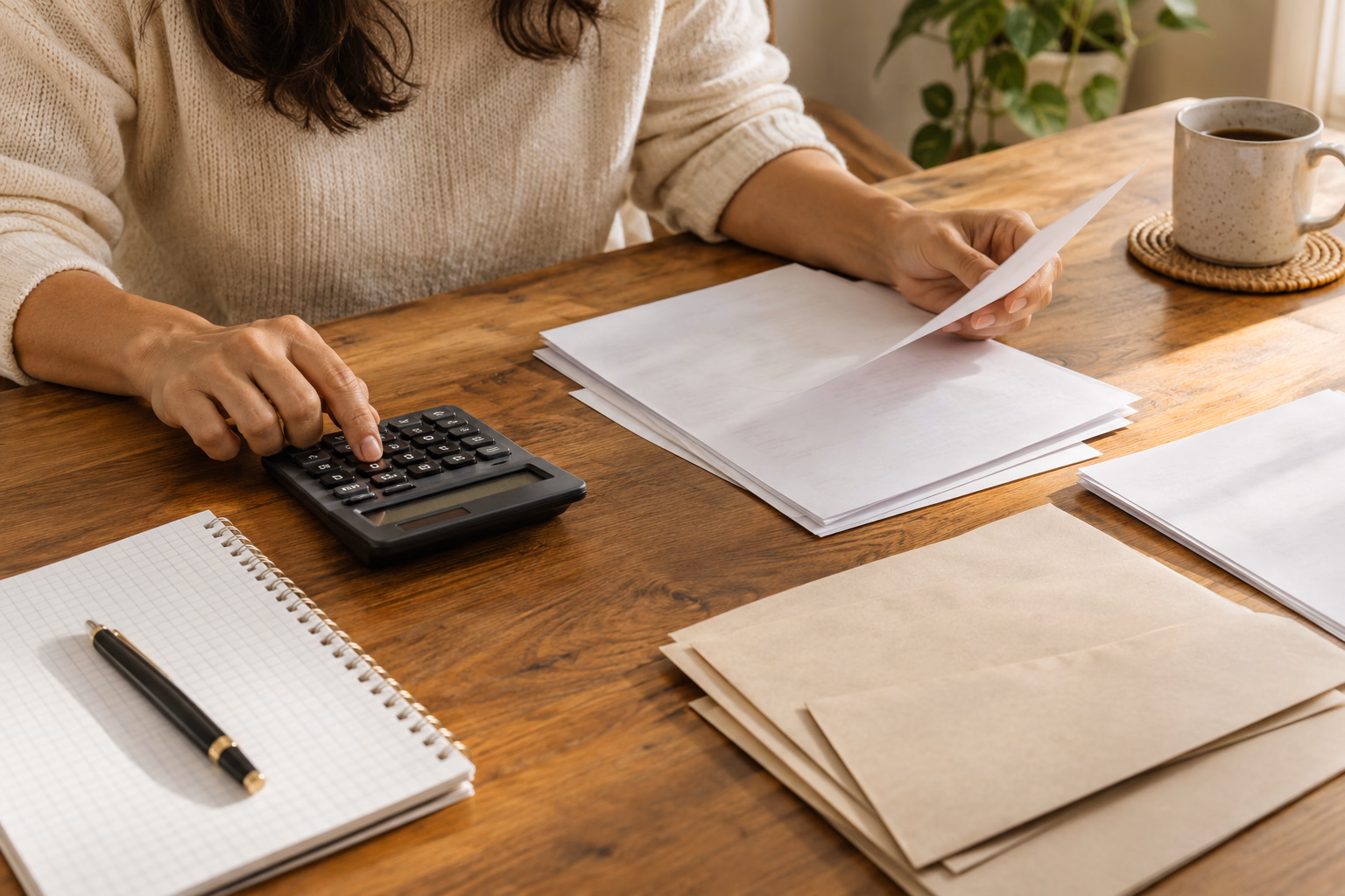 Calculadora, contas e caderno organizados para avaliar dívidas.