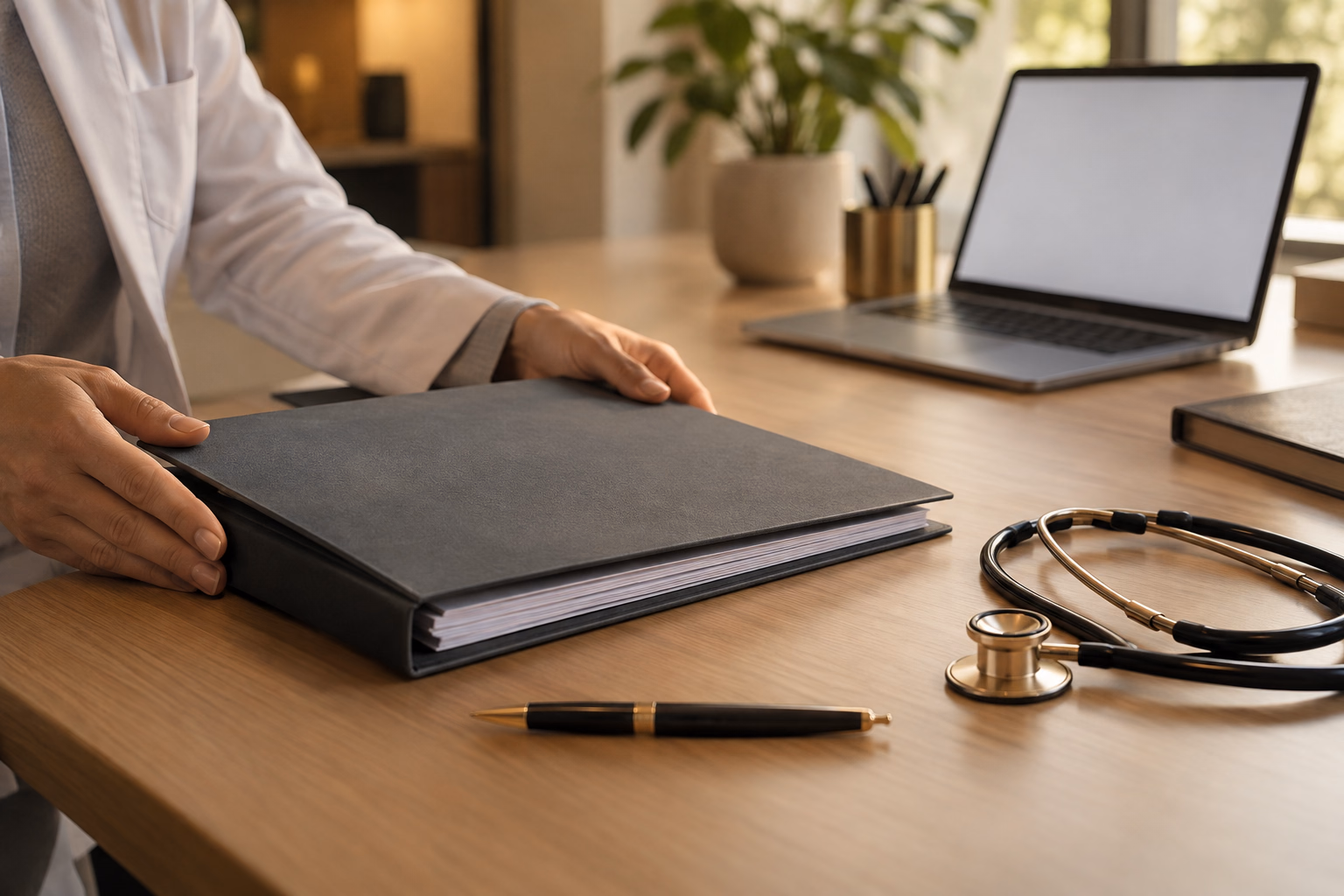 Prontuário e instrumentos médicos organizados sobre uma mesa.