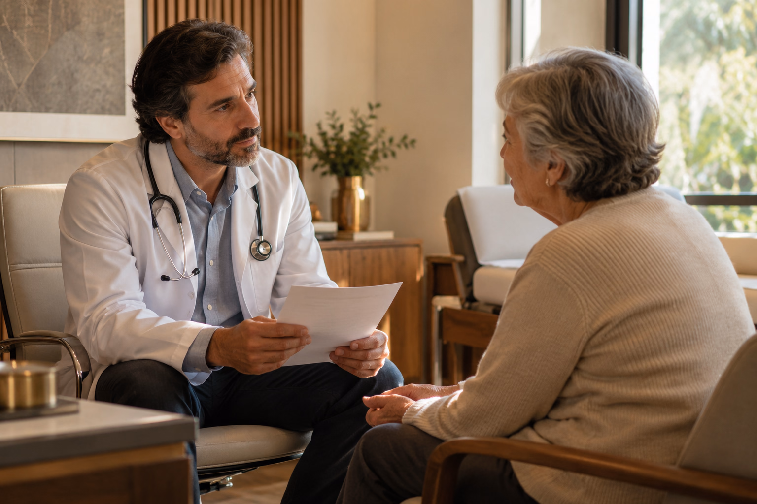 Médica e paciente conversando sobre cuidados e documentação.