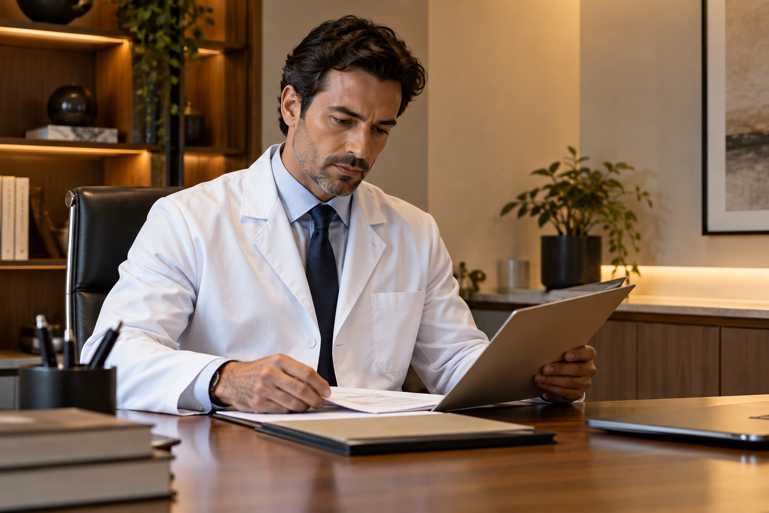 Médico revisando documentos para uma análise profissional.