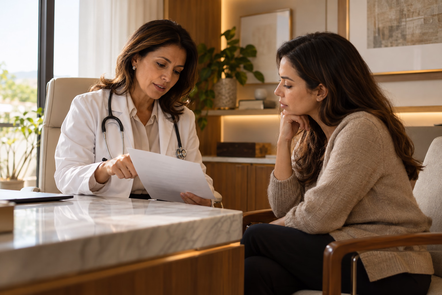 Médica explicando documentos e consentimento a uma paciente.