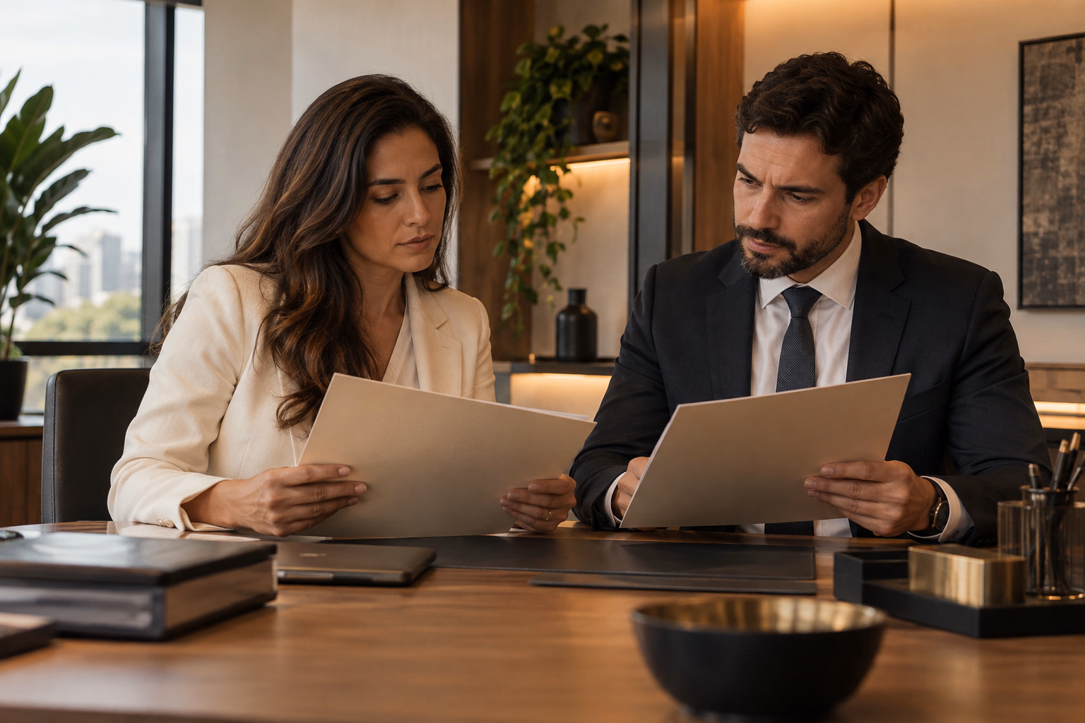 Empresária e profissional analisando documentos contratuais.