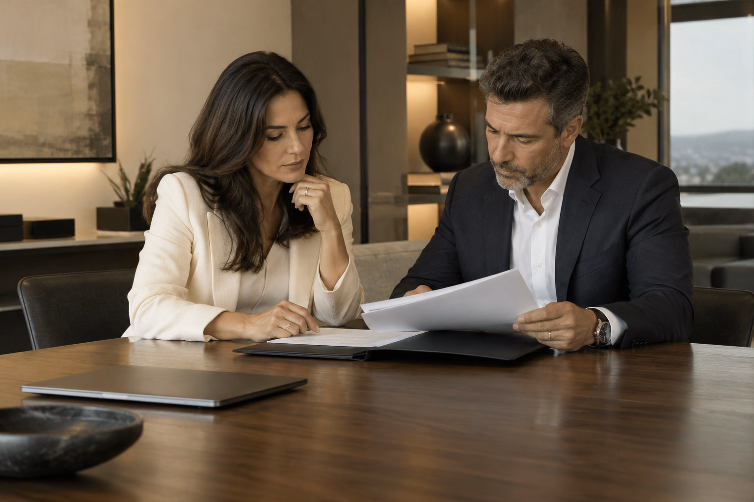Sócios analisando documentos de uma empresa em reunião.