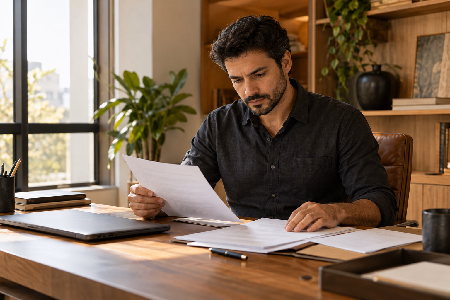 Empresário revisando contratos e documentos de cobrança empresarial.