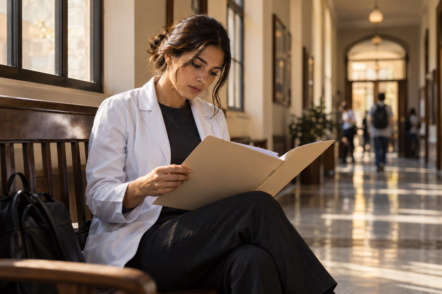 Estudante de Medicina revisando documentos de matrícula no corredor da faculdade.