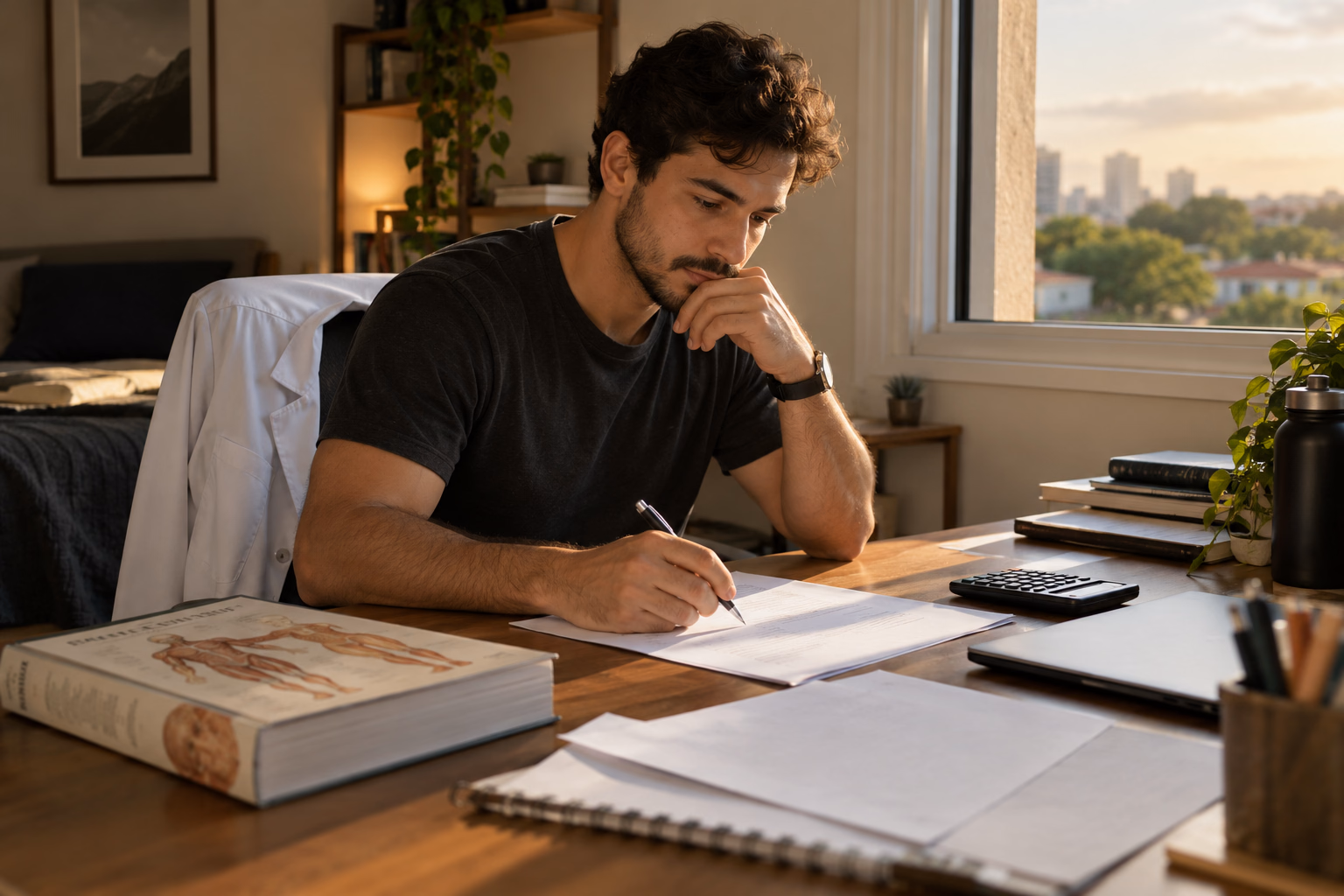Estudante organizando o orçamento para continuar a graduação em Medicina.