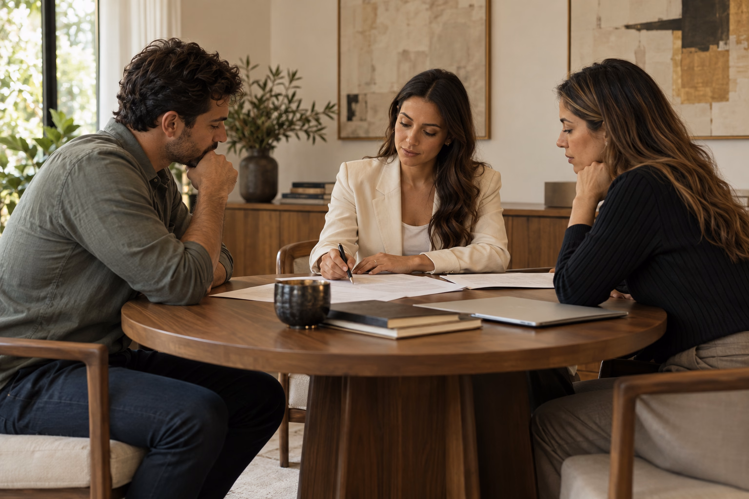 Duas pessoas organizando documentos de forma consensual.